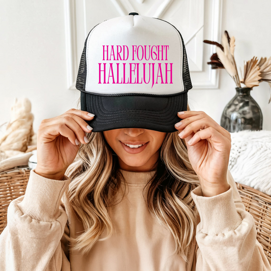 Embroidered Foam Trucker Hat - Hot Pink 'Hard Fought Hallelujah' Cap
